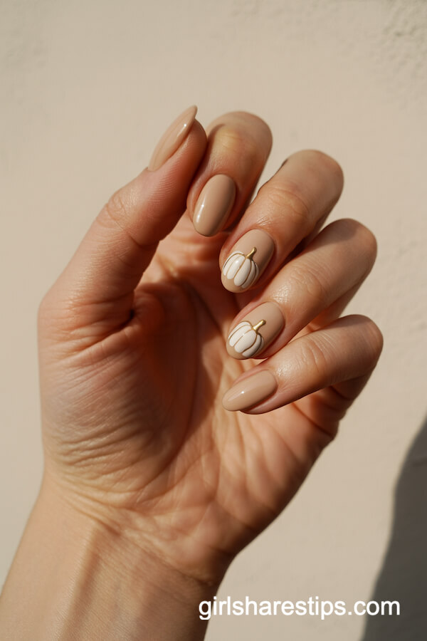 Creamy tan nails with subtle white pumpkins and gold stems