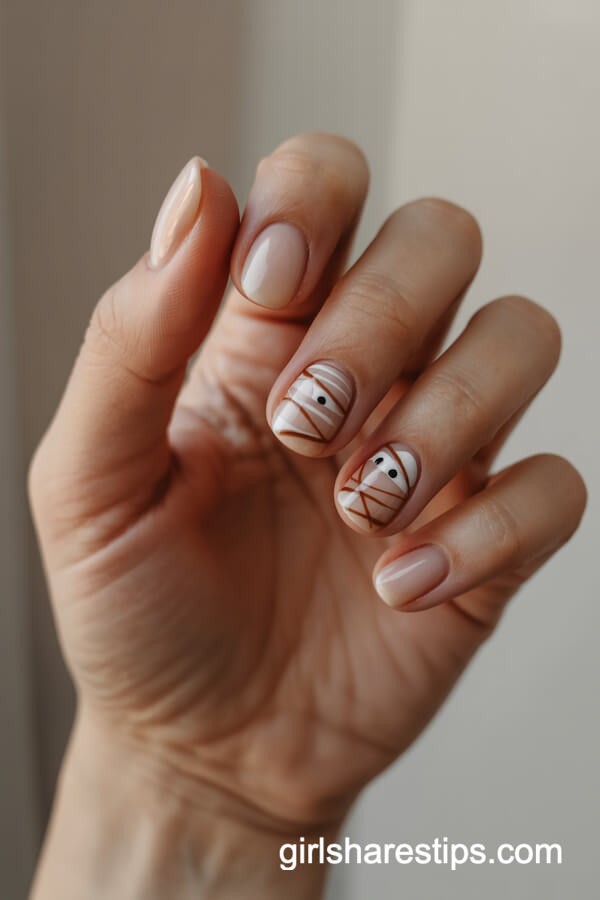 Nude nails with beige and brown abstract mummy wraps