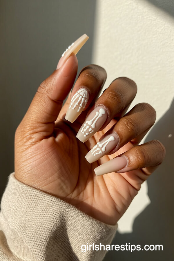 Matte oatmeal nails with white skeleton hand motifs