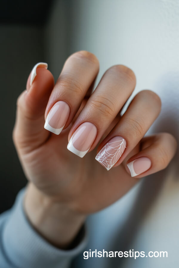 Creamy nude French tips with white cobweb accents
