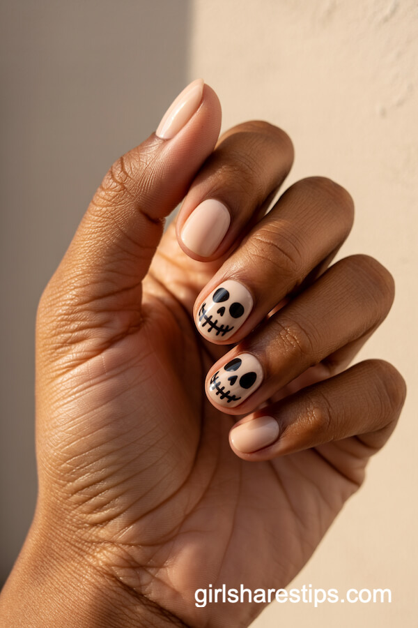 Warm neutral nails with playful skeleton faces