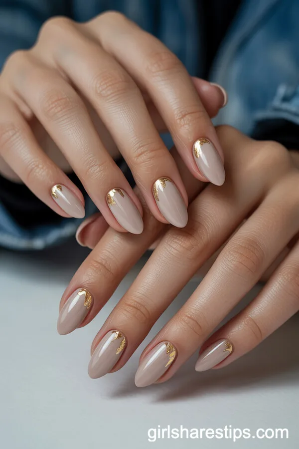 Glossy Nude Beige Almond Nails with Gold Foil Accents