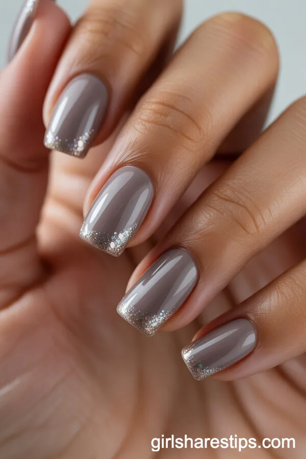 Taupe Square Nails with Iridescent Glitter Tips
