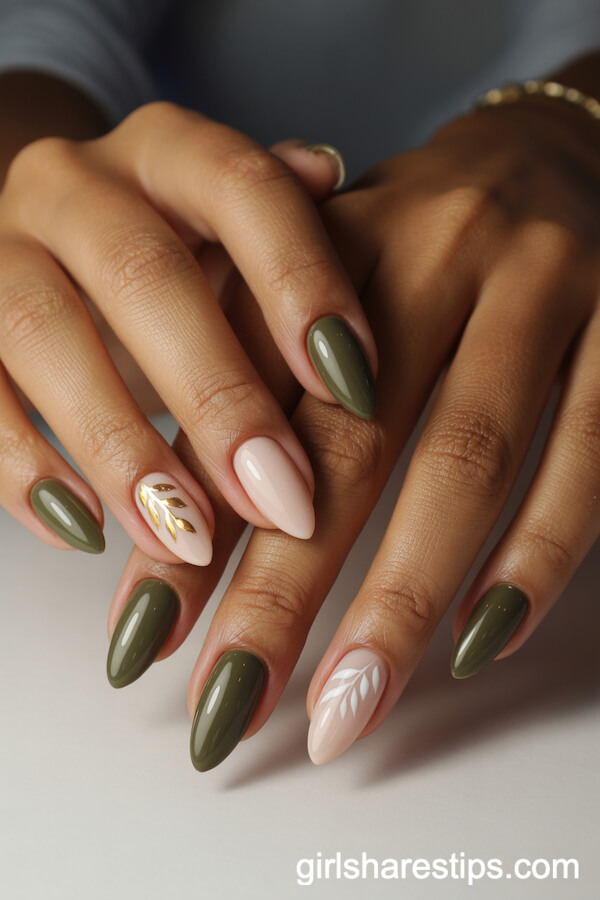 Olive Nude Almond Nails with Gold or White Leaf Decals