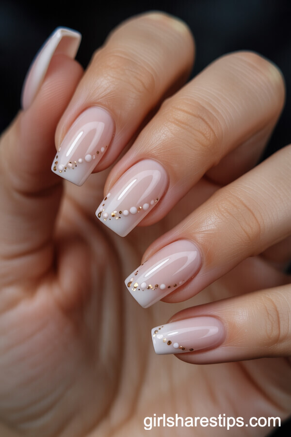 Pale Pink Coffin Nails with Nude and Gold Micro-Dot Patterns
