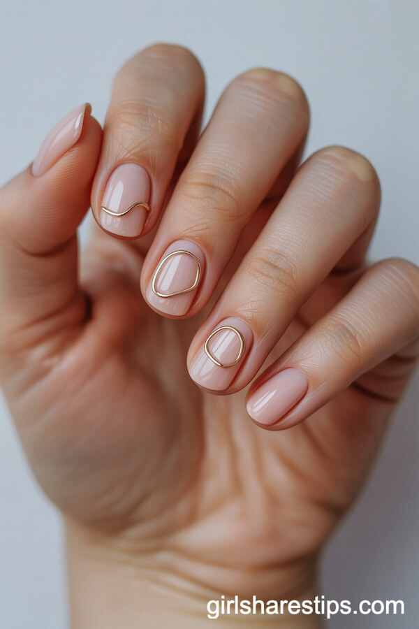Blush Pink Short Round Nails with Gold Wire Accents