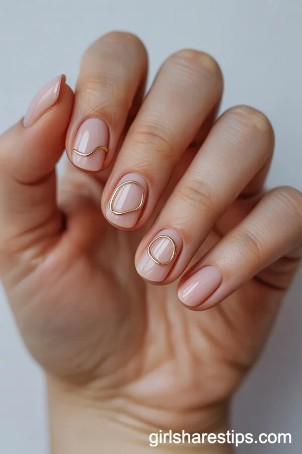 Blush Pink Short Round Nails with Gold Wire Accents