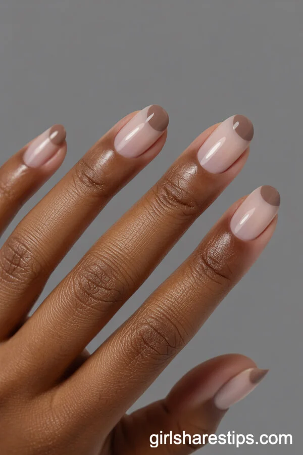 Light Mocha Short Round Nails with Negative Space Half-Moons