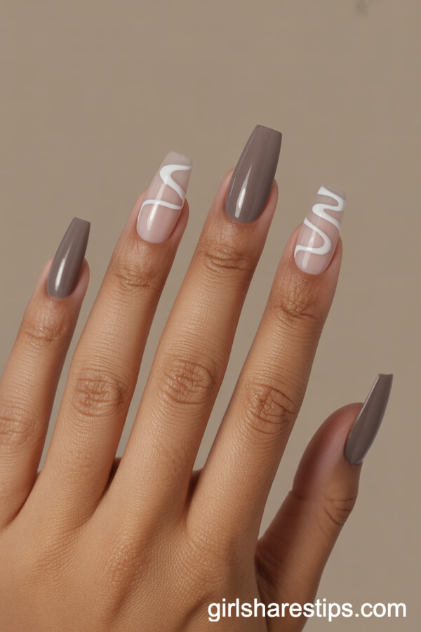 Greige Coffin Nails with Abstract White and Nude Waves
