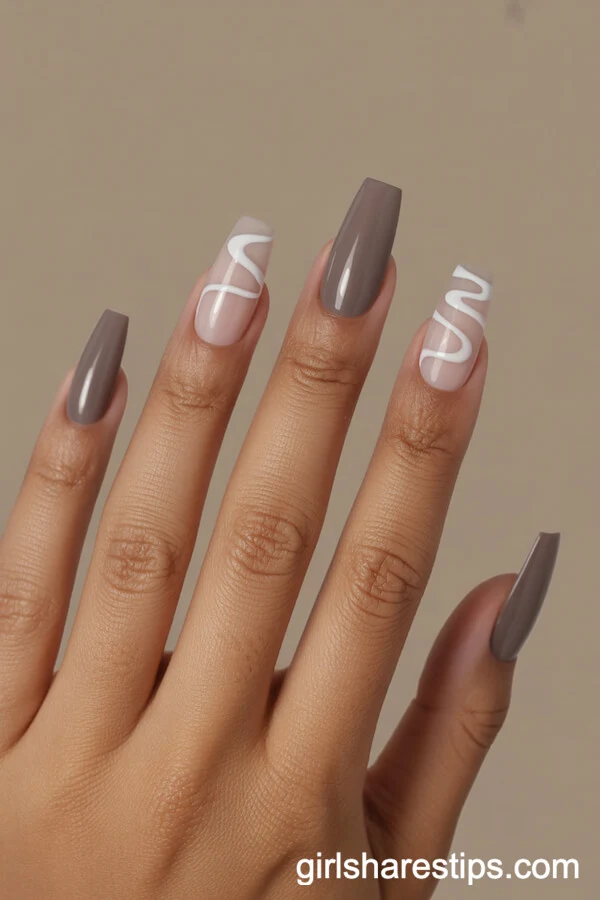Greige Coffin Nails with Abstract White and Nude Waves