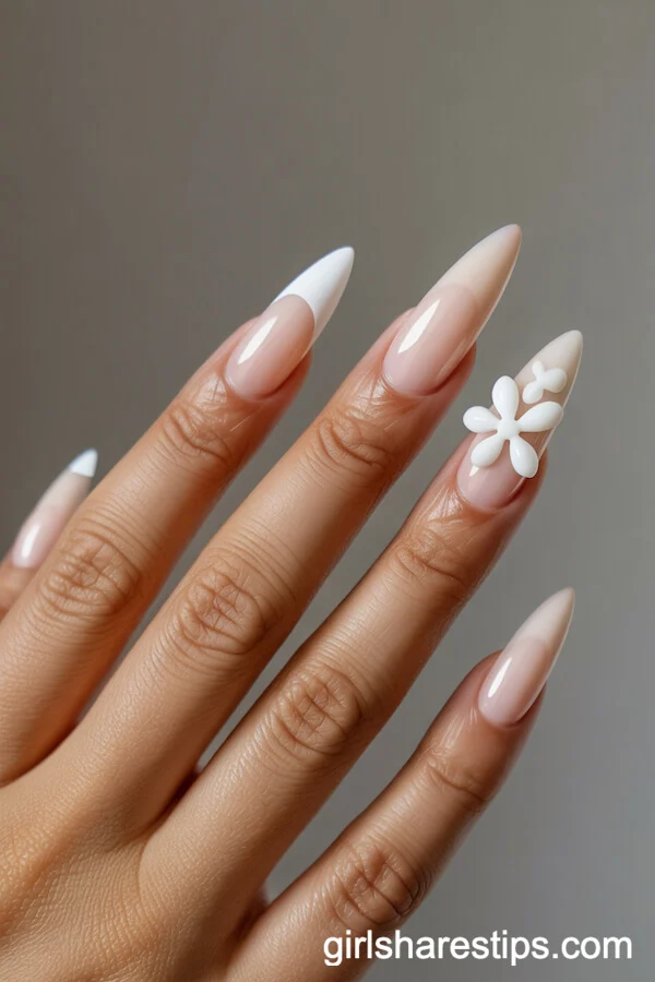 Soft Beige Stiletto Nails with 3D White Spring Flowers