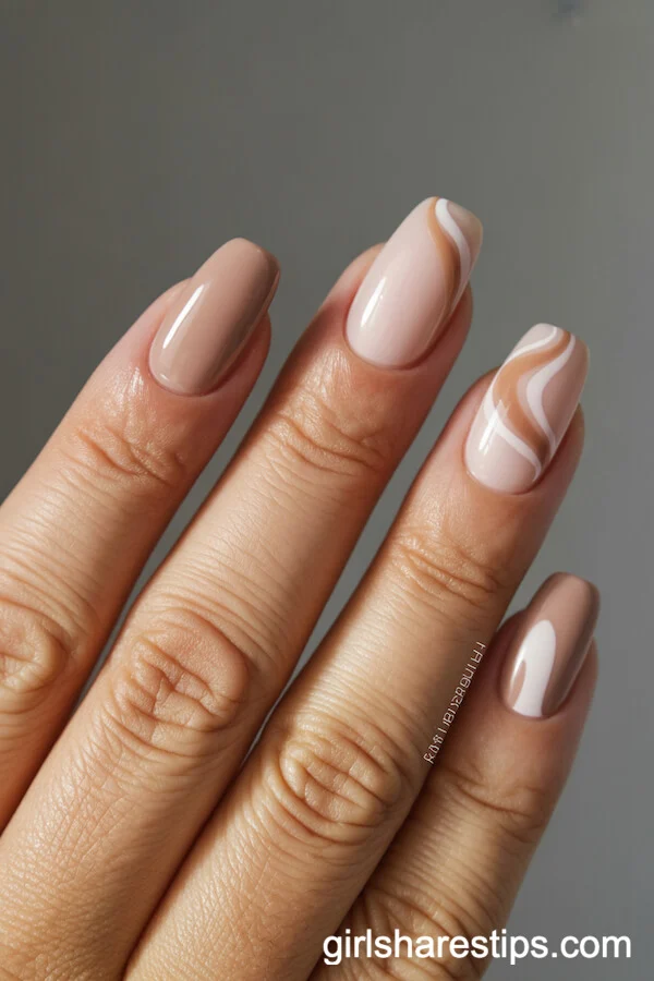 Sandy Beige Squoval Nails with Marbled Caramel Accents