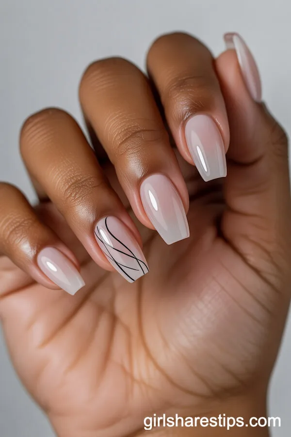 Milky Pink Coffin Nails with Minimalist Black Line Art