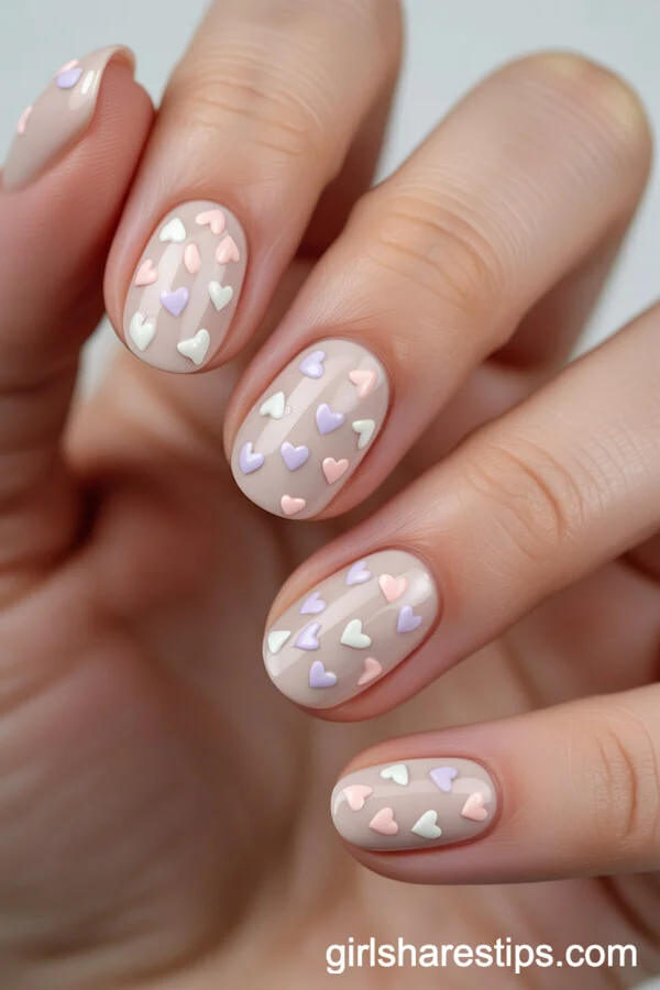 Neutral Nude Oval Nails with Pastel Heart Details