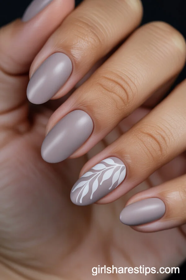 Matte Taupe Oval Nails with White Leafy Branch Designs