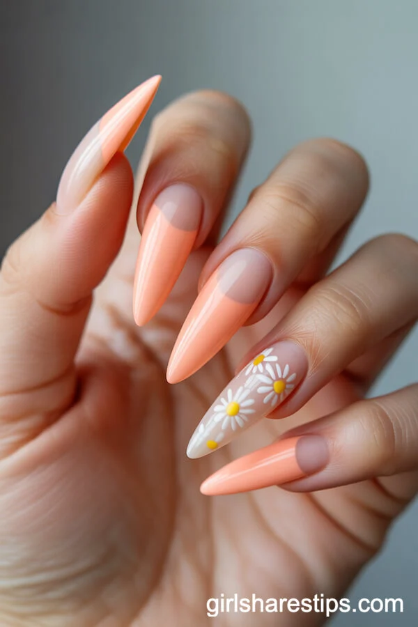 Sheer Peach Stiletto Nails with Hand-Painted Daisy Accents