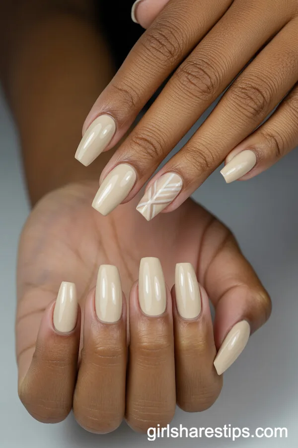 Creamy Sand Ballerina Nails with Subtle Beige Geometric Art