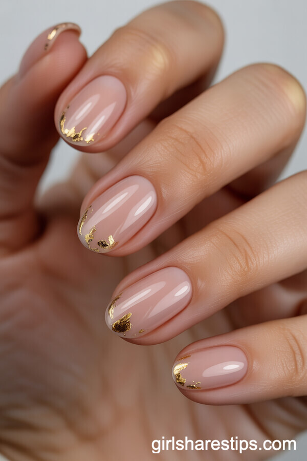 Glossy Nude-Pink Oval Nails with Gold Foil Flakes