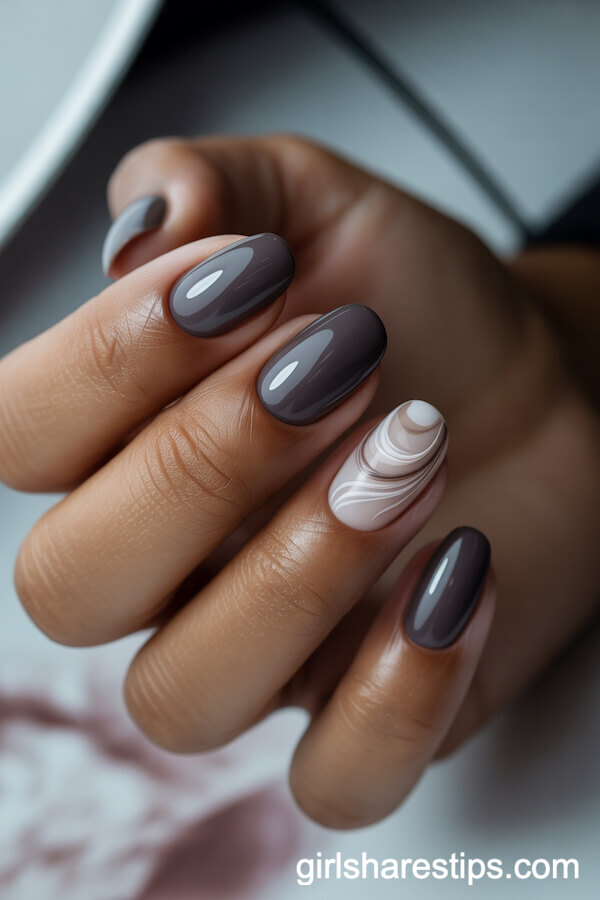 Smoky Gray Round Nails with White and Beige Swirl Accent