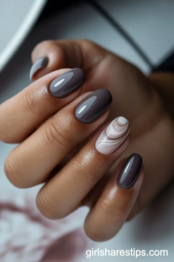 Smoky Gray Round Nails with White and Beige Swirl Accent