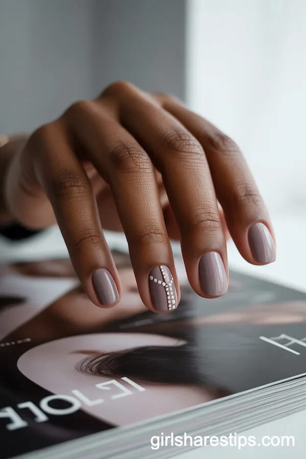 Soft Taupe Matte Short Round Nails with Dainty White Dots