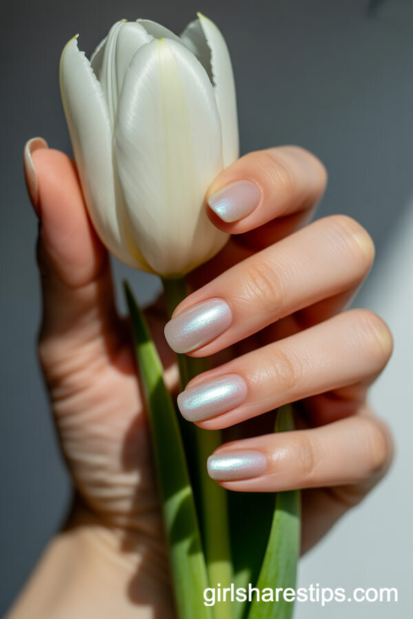 Shimmery Pearl Square Nails for a Radiant Summer Touch