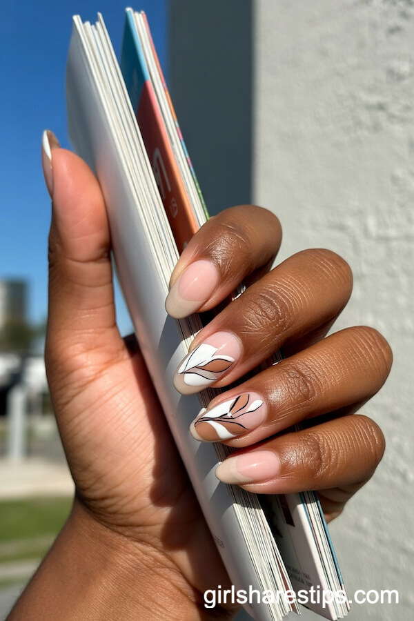 Nude Negative Space Almond Nails with Botanical Line Art