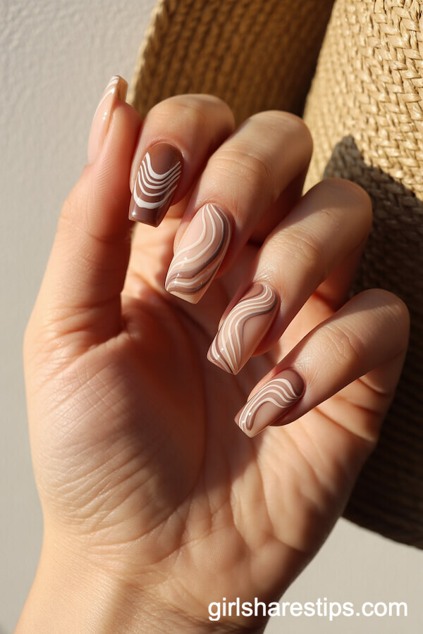 Intricate Nude and White Optical Illusion Coffin Nails
