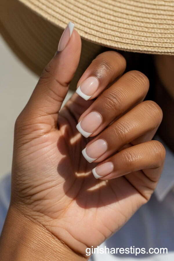 Translucent Nude Square Nails with Ultra-Thin White French Tips