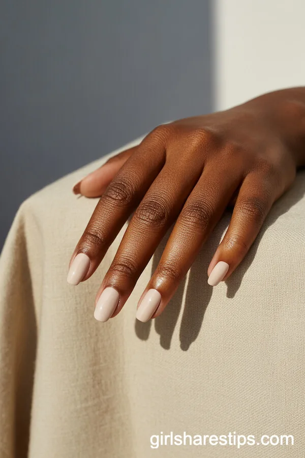 Soft Matte Beige Squoval Nails on Rich Brown Skin