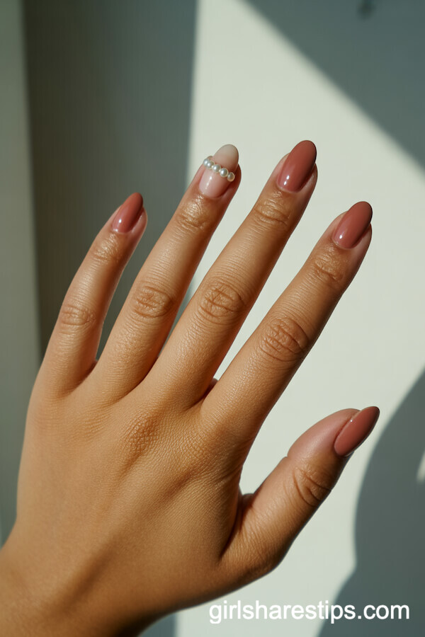 Rose Beige Rounded Nails with a Single White Pearl Accent