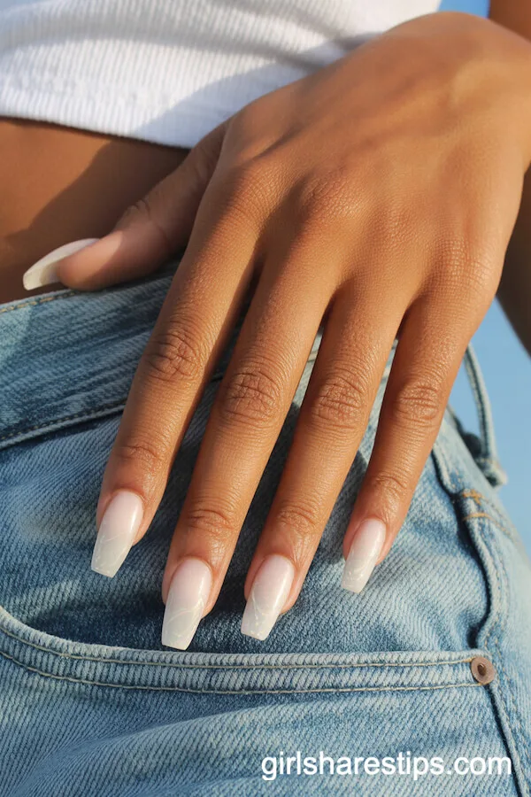 Milky White Coffin Nails with a Subtle Jelly Sheen