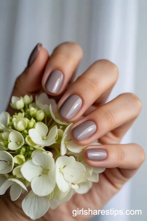 Sheer Taupe Oval Nails Paired with a White Hydrangea