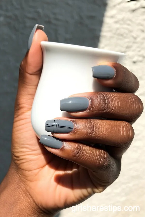 Pebble Gray Coffin Nails with Minimalist Geometric Lines