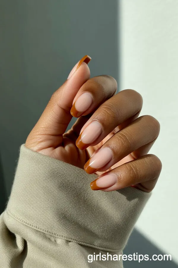 Nude and Caramel Abstract French Tips on Almond Nails