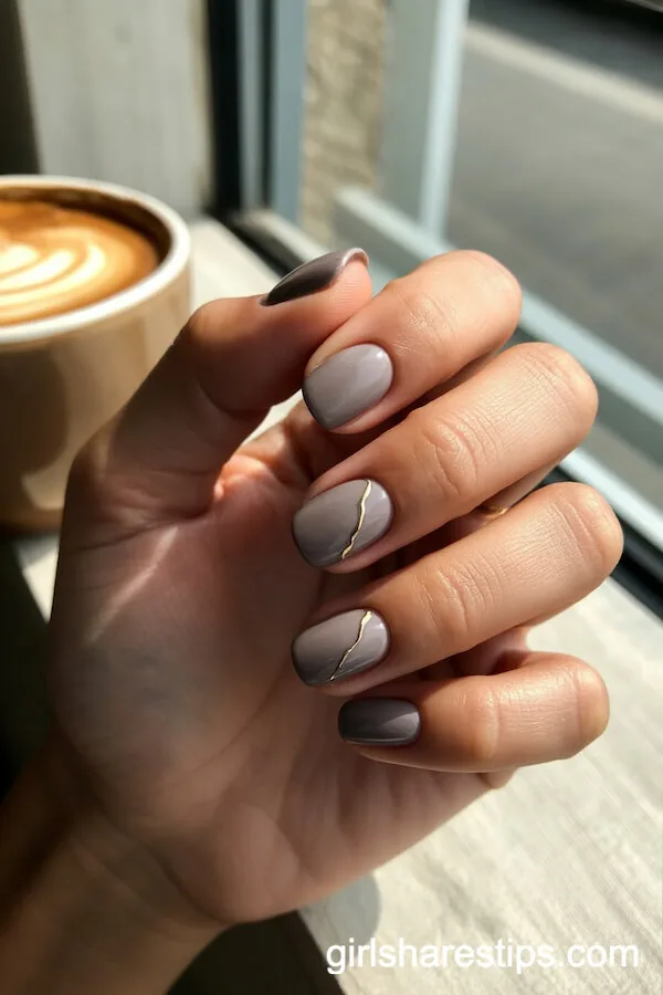 Greige Squoval Nails with Thin Gold Minimalist Accents
