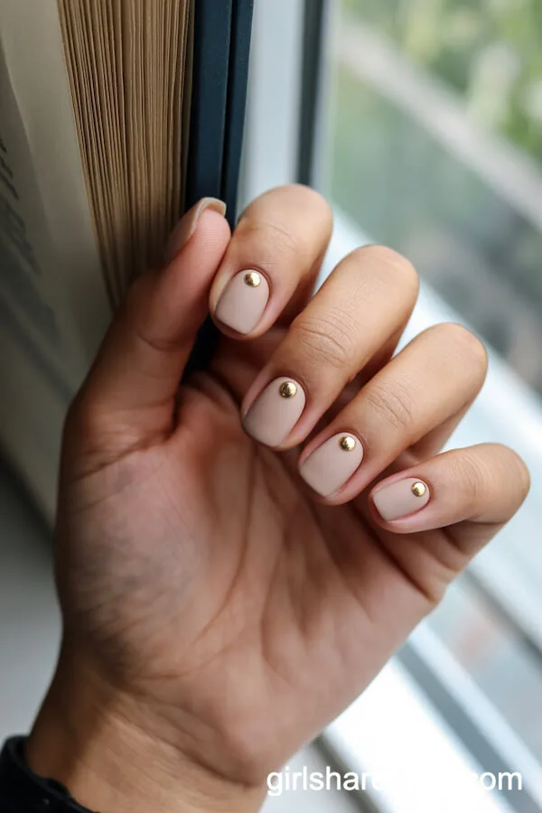 Matte Sandstone Nude Square Nails with Gold Stud Details