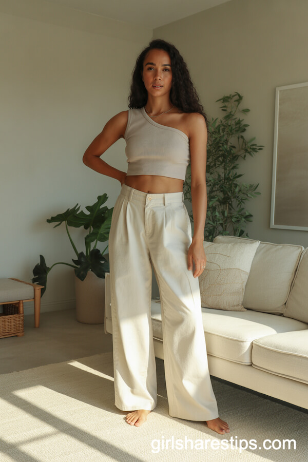Bone and Cream Wide-Leg Trousers with Asymmetrical Neutral Cropped Top