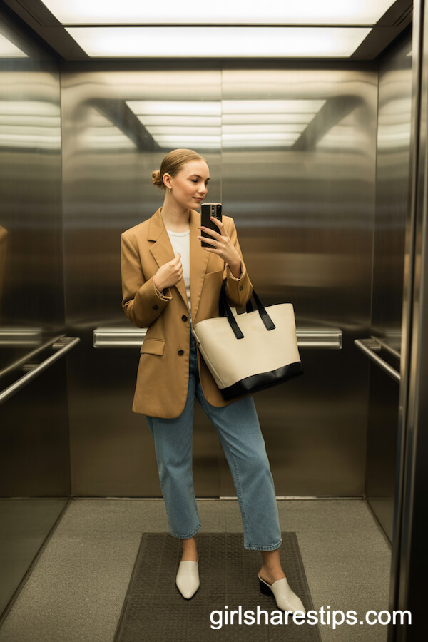 Tan Oversized Blazer with Relaxed Blue Cropped Jeans and White Mules