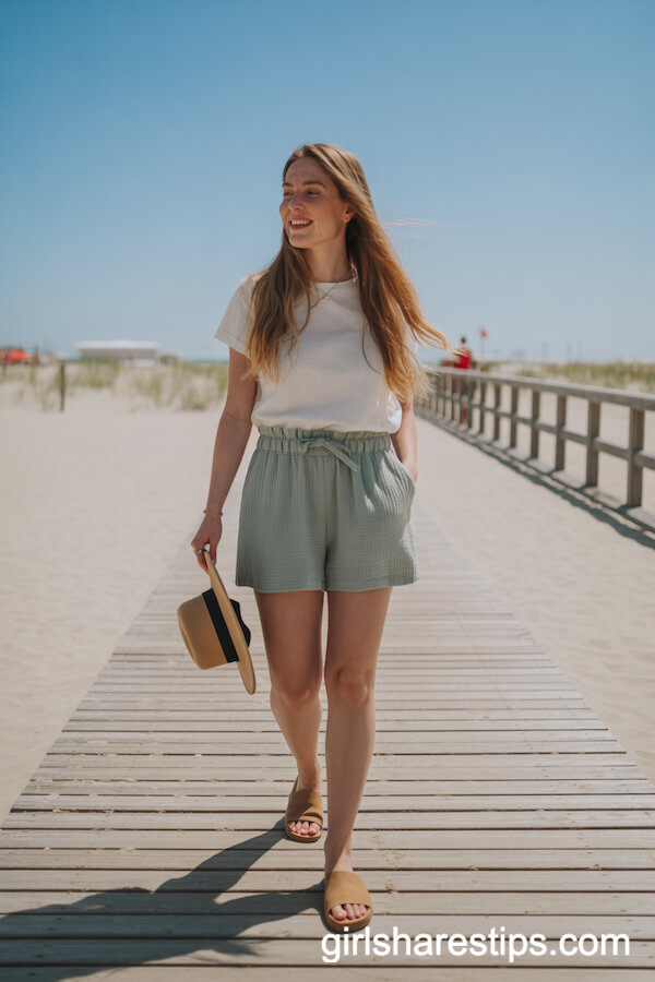 Light Sage Green Paperbag Shorts with Off-White Tee and Tan Slides