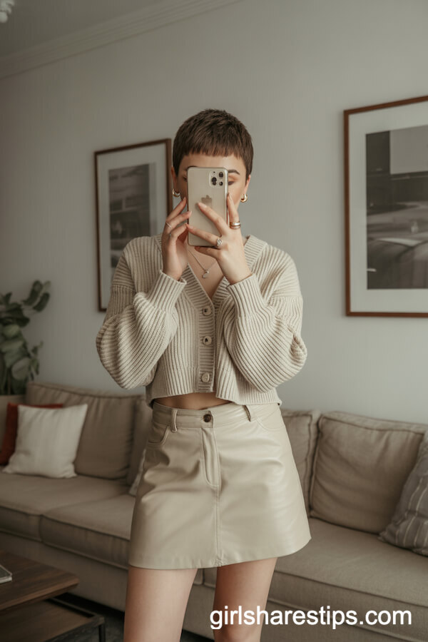 Cropped Beige Knit Cardigan with High-Waist Sand Mini Skirt