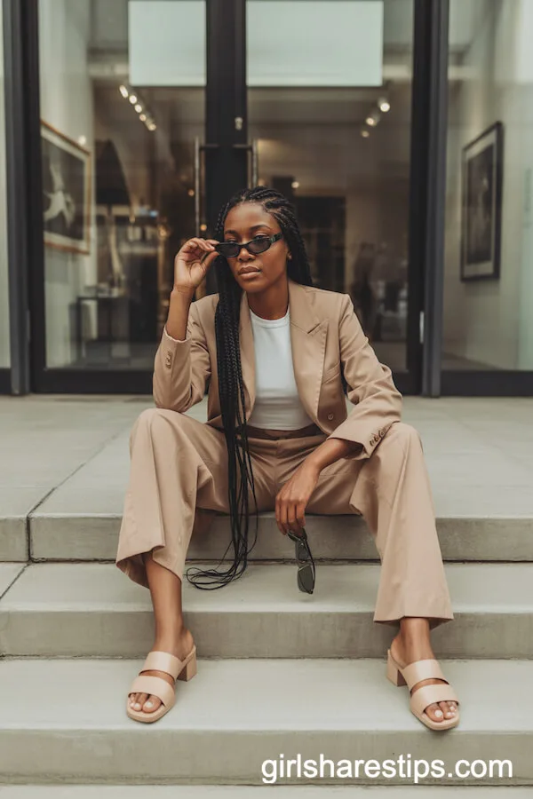 Light Camel Shorts Suit with Fitted White Tee and Nude Slides