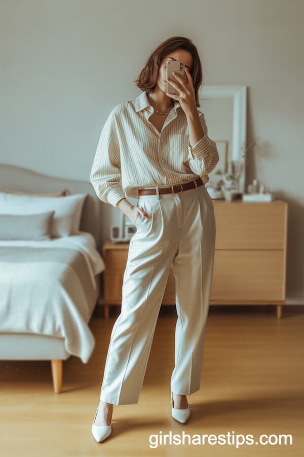 Cream and Beige Striped Button-Up Shirt with High-Waisted Cream Tailored Trousers