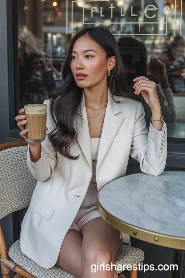 Cream Tailored Short Suit with Minimalist Gold Jewelry
