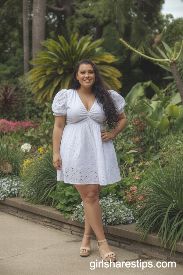 White Eyelet Mini Dress with Nude Wedge Sandals