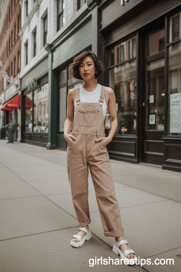Putty-Color Denim Overalls over Pale Crop Top and Chunky White Sandals