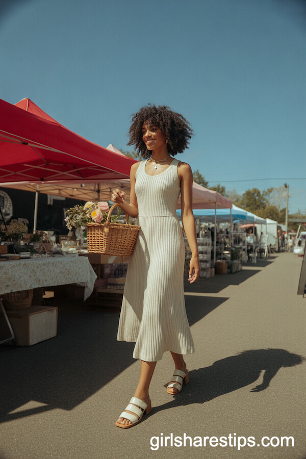 Oatmeal Knit Midi Dress with Open-Toe Block Sandals