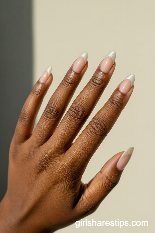 Icy Neutral Oval Nails with Iridescent Sparkly Tips