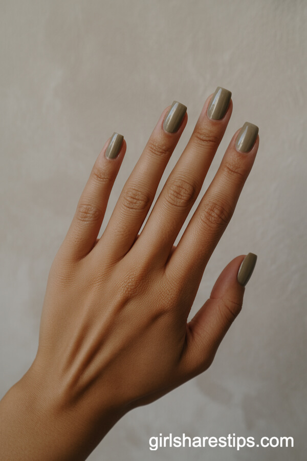 Translucent Olive Beige Square Nails with Subtle Shine