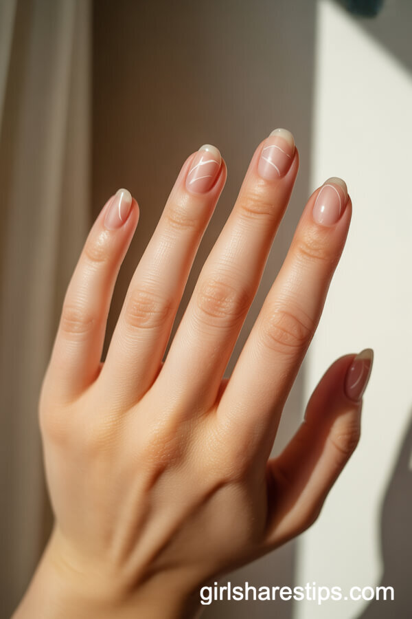 Sheer Peach Nude Short Nails with Abstract White Lines